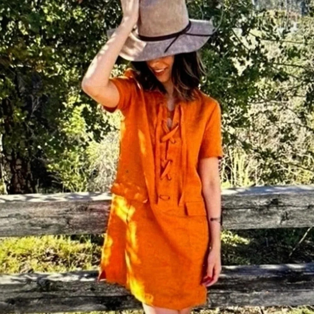 Moving Sale💘 Anthropologie Maeve Lace-Up Shirt Linen Dress Mustard Color Size 2